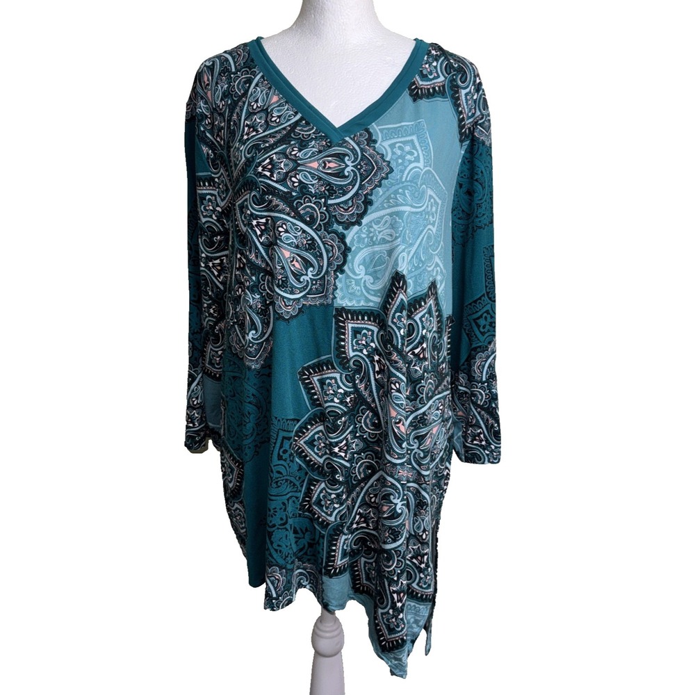 Chico's Teal Patchwork Paisley Tunic Bohemian Art Deco Asymmetrical Hem 3 XL‎